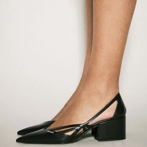 PRADA Runway Pointed Toe Cutout Cut Out Block Heel Brushed Leather Pumps - Picture 4 of 16